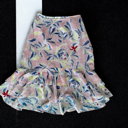 See By Chloe silk pink Floral Ruffle Bottom skirt 34 XS