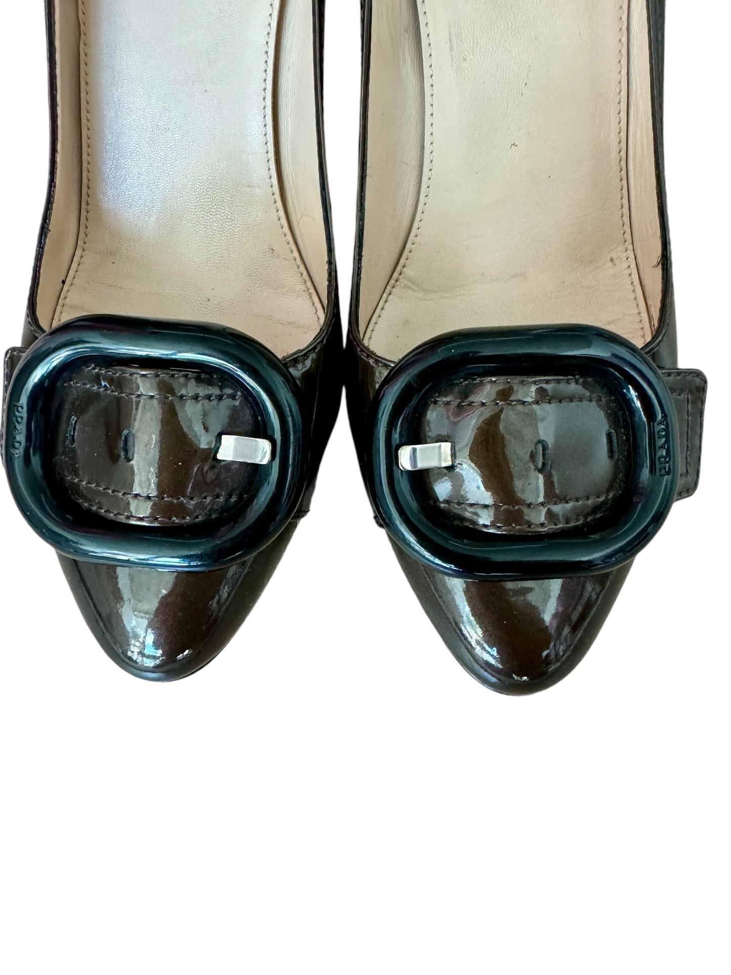 Prada pumps brown patent leather big buckle 36.5 6