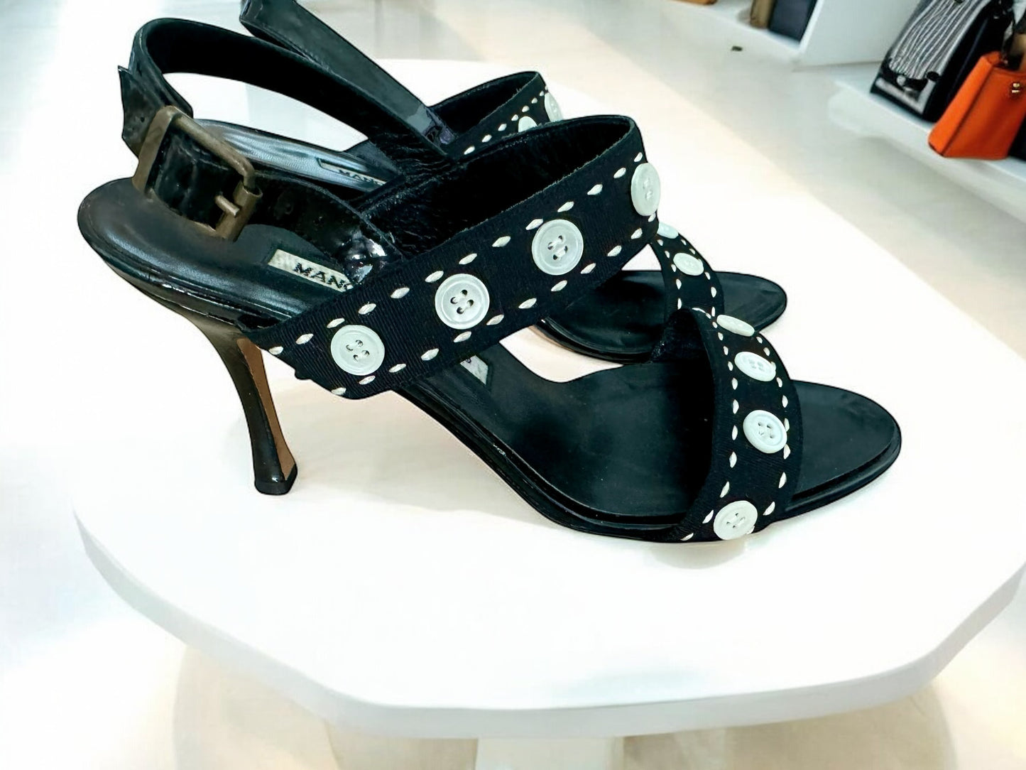 Manolo Blahnik black-white buttons heels sling-backs 37 7 shoes