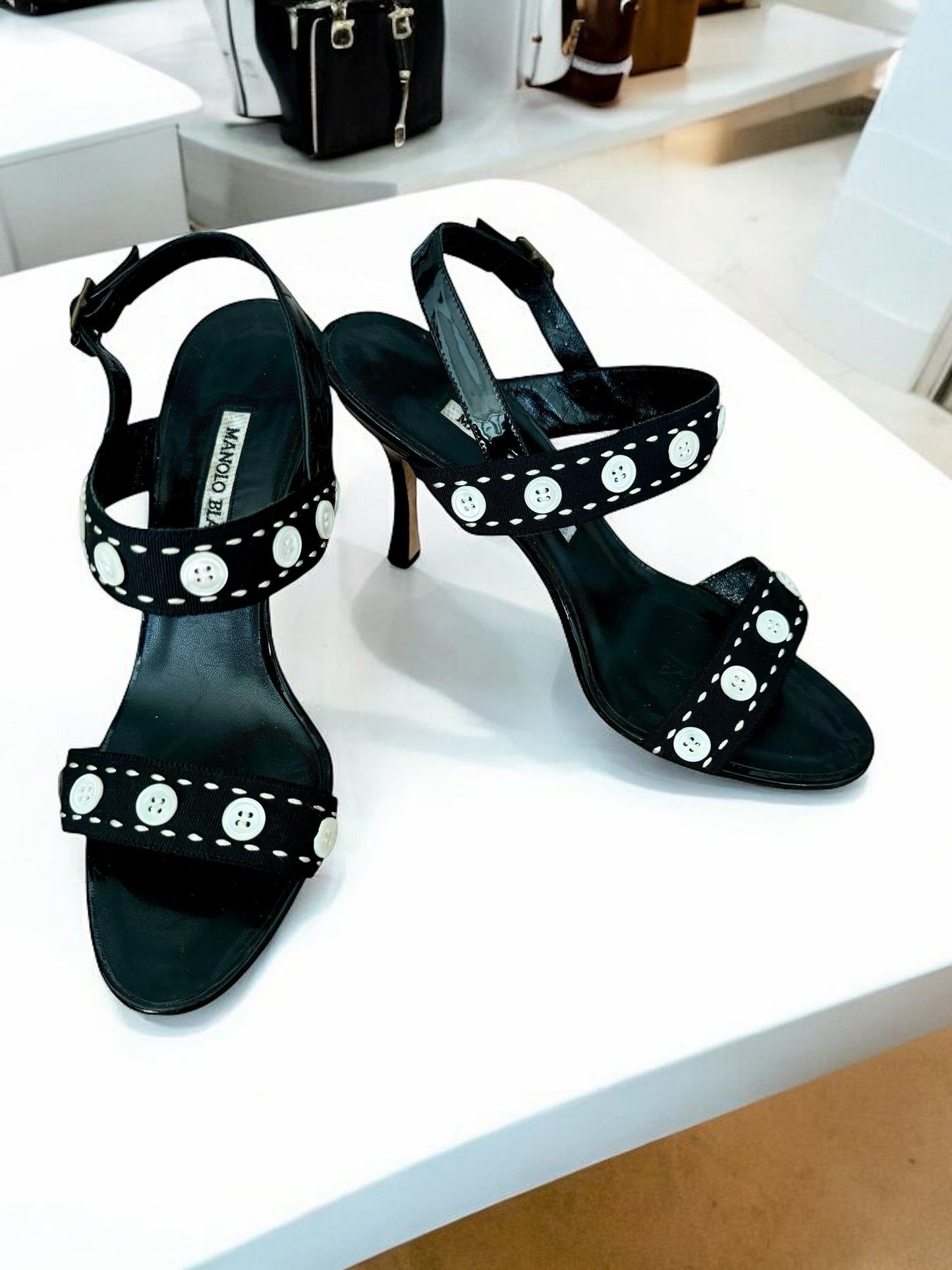 Manolo Blahnik black-white buttons heels sling-backs 37 7 shoes